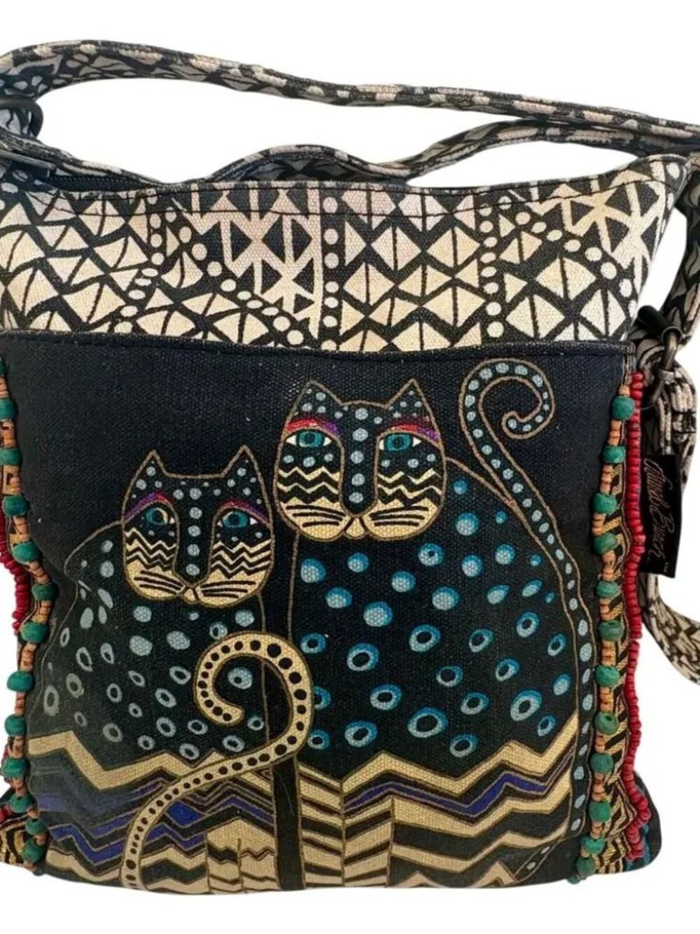 Vintage Y2K LAUREL BURCH Beaded Egyptian Cat Crossbody Handbag Purse Boho Retro
